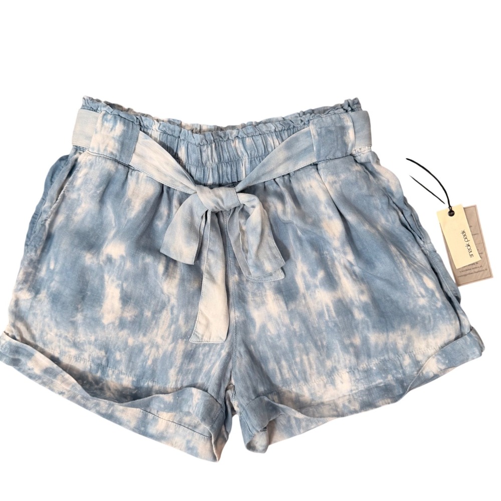 Tie Dye Belted Soft Tencel Shorts (LG) Blue Cuffed 3" Self Tie Casual High‎ Rise